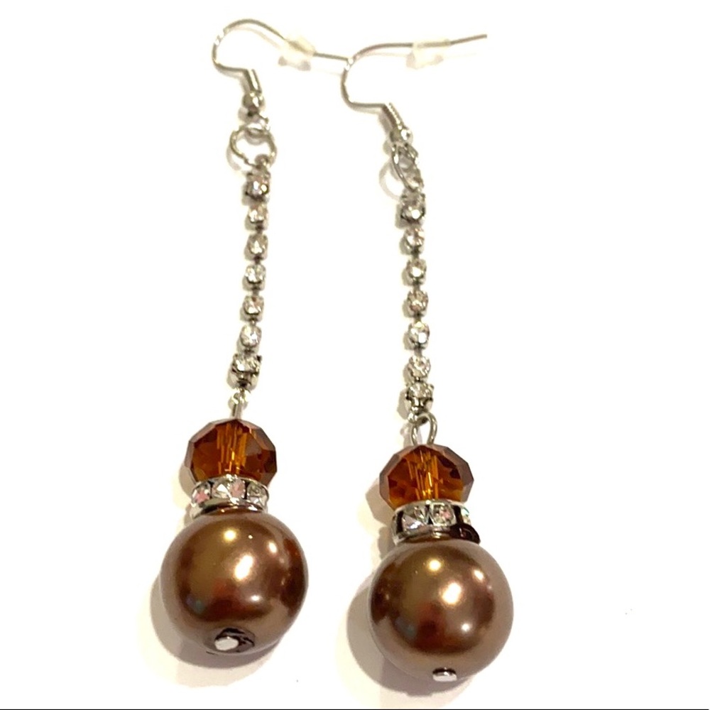 Drop Earrings Brown Faux Pearl Rhinestones